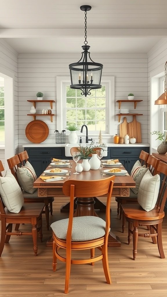35 Beautiful Farmhouse Kitchen Table Setting Ideas A cozy farmhouse kitchen with a wooden table set for dining, featuring comfortable chairs with cushions.