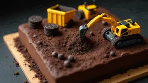 Construction Birthday Cake: The Ultimate Digger-Approved Dessert Photorealistic close-up of a chocolate construction site cake with rich frosting, featuring yellow toy construction vehicles actively working among crushed Oreo cookie dirt and chocolate rocks, dramatic lighting and a blurred background.