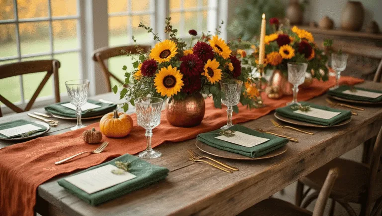 Friendsgiving Dinner Party: The Ultimate Guide to Creating Unforgettable Memories A warm-toned photograph of a rustic Friendsgiving table setting with a wooden farmhouse table, layered napkins, gold cutlery, and a vibrant centerpiece of flowers, surrounded by friends in a cozy living room adorned with string lights.