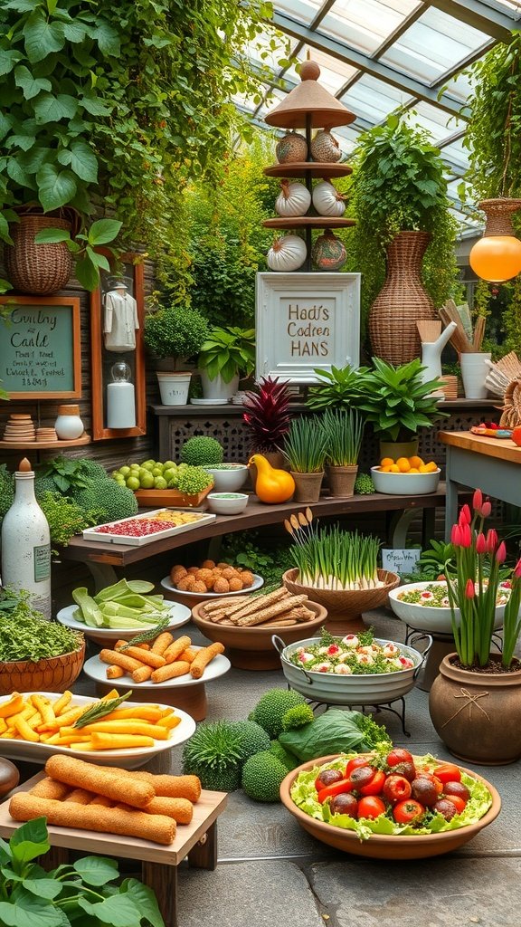 35 Stunning Garden Party Decorations to Inspire Your Celebration A beautifully arranged food station with fresh vegetables, fruits, and decorative elements in a garden setting.