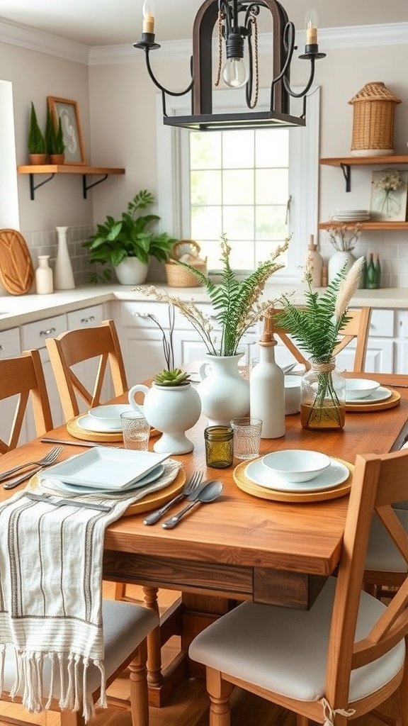 35 Beautiful Farmhouse Kitchen Table Setting Ideas A beautifully set farmhouse kitchen table with plates, glassware, and decorative elements.