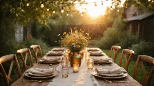 Effortless Summer Dinner Party: Your Ultimate Guide to Hosting a Pinterest-Perfect Evening A dreamy backyard dinner party at golden hour, featuring a long wooden farmhouse table set with vintage plates, wildflower centerpieces, and warm string lights overhead, surrounded by lush greenery and a rustic bar cart.