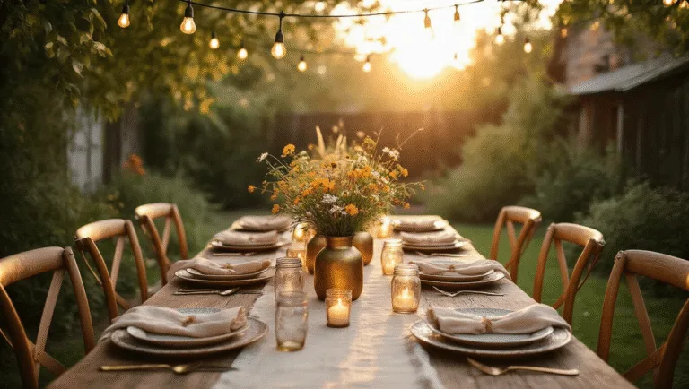 Effortless Summer Dinner Party: Your Ultimate Guide to Hosting a Pinterest-Perfect Evening A dreamy backyard dinner party at golden hour, featuring a long wooden farmhouse table set with vintage plates, wildflower centerpieces, and warm string lights overhead, surrounded by lush greenery and a rustic bar cart.