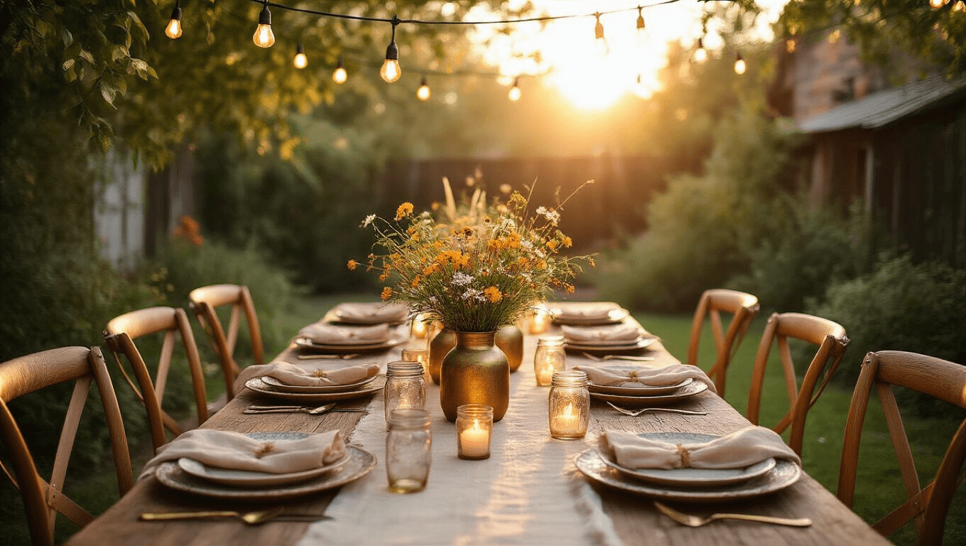 A dreamy backyard dinner party at golden hour, featuring a long wooden farmhouse table set with vintage plates, wildflower centerpieces, and warm string lights overhead, surrounded by lush greenery and a rustic bar cart.