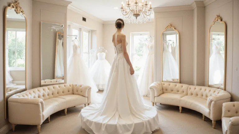 Creating Your Fairytale Wedding Dress Moment A bride in an ivory ballgown stands on a raised platform in a sunlit bridal fitting room, surrounded by triple mirrors and illuminated by a sparkling crystal chandelier, with elegant cream seating and softly blurred wedding gowns in the background.