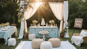 10 Sizzling Summer Baby Shower Themes That'll Make Guests Swoon A stylish outdoor baby shower in a sunlit garden, featuring a rustic pergola draped in white fabric and fairy lights, vintage farmhouse tables with wildflower centerpieces, a pastel balloon arch, and a charming dessert station with a naked cake and macarons, all captured in soft bokeh and warm golden hour light.