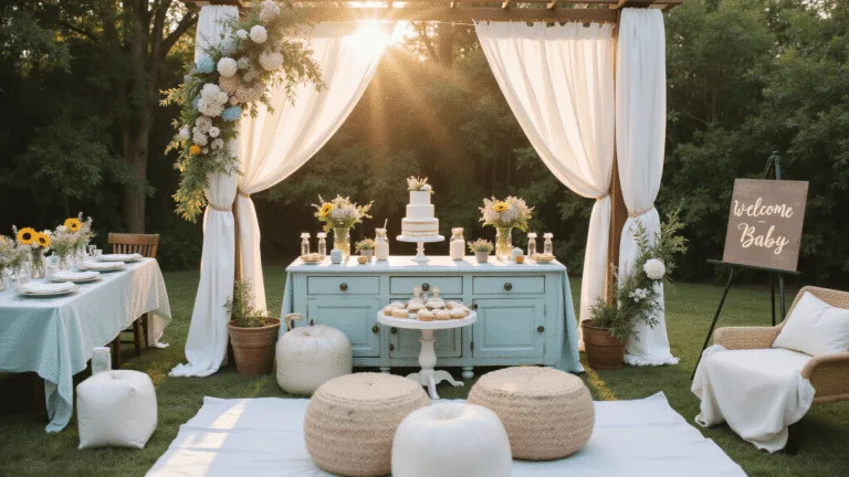 10 Sizzling Summer Baby Shower Themes That'll Make Guests Swoon A stylish outdoor baby shower in a sunlit garden, featuring a rustic pergola draped in white fabric and fairy lights, vintage farmhouse tables with wildflower centerpieces, a pastel balloon arch, and a charming dessert station with a naked cake and macarons, all captured in soft bokeh and warm golden hour light.