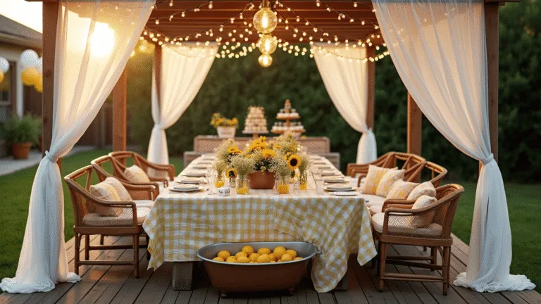 Summer Baby Shower Magic: The Ultimate Guide to Stunning Theme & Design A beautifully arranged backyard baby shower setup at golden hour, featuring a long farmhouse table under a wooden pergola with chiffon draping, vintage mason jar centerpieces, a copper bathtub with beverages, and a dessert station with ice cream and cupcakes, all illuminated by warm market lights and surrounded by lush garden greenery.