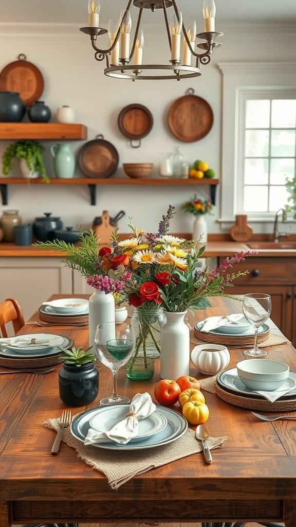 35 Beautiful Farmhouse Kitchen Table Setting Ideas A beautifully set farmhouse kitchen table with an eclectic centerpiece featuring flowers, fruits, and various tableware.