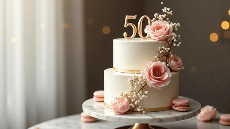 50th Birthday Cake for Women: A Spectacular Celebration Dessert A luxurious three-tiered 50th birthday cake adorned with gold roses on a marble stand, featuring pearl-white Swiss meringue buttercream, gold leaf accents, blush pink garden roses, and a rose gold "50" topper, captured in soft natural lighting with elegant champagne bokeh in the background.