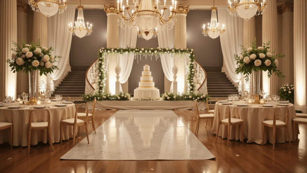 Heartfelt Marriage Anniversary Wishes: Celebrating Love in Every Word Photorealistic image of a luxurious anniversary celebration in a grand ballroom, featuring champagne silk-draped tables with floral centerpieces, a marble staircase adorned with fairy lights, and a grand wedding cake, all illuminated by warm golden hour lighting.