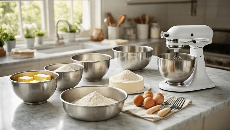 The Ultimate 18th Birthday Cake: A Milestone Masterpiece A sunlit kitchen scene featuring a marble countertop with organized baking ingredients, including metal mixing bowls of butter, eggs, and flour, an electric mixer, parchment-lined cake pans, and baking tools, all bathed in warm, inviting light.
