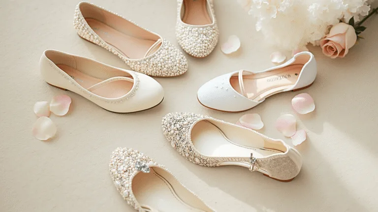 Wedding Flats: Your Ultimate Guide to Comfy & Stylish Bridal Footwear Aerial view of elegant bridal flats on a cream plush carpet, featuring satin, silk, and lace textures with pearl and crystal embellishments, surrounded by scattered rose petals and vintage lace trim in soft morning light.