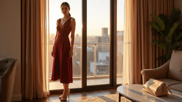 15 Stunning Dinner Party Outfits That'll Make You The Best-Dressed Guest A woman in a burgundy silk midi dress stands in a penthouse at golden hour, with floor-to-ceiling windows and warm natural light highlighting her elegant look and modern decor.