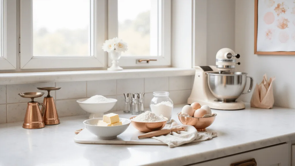 Ultimate Birthday Cake Guide for Women: Elegant, Personalized Cake Designs Photorealistic baking studio with a white marble countertop, featuring baking ingredients in vintage bowls, a copper stand mixer, and a mood board of pastel cake designs, illuminated by natural light.
