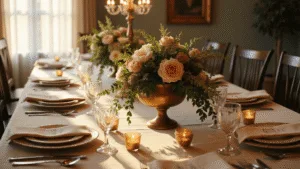 Crafting the Perfect Dinner Party Table Setting: A Comprehensive Guide Elegant dinner party table setting during golden hour featuring a rectangular table with an ivory silk tablecloth, vintage bone china plates, crystal stemware, polished silver cutlery, and a floral centerpiece of garden roses and peonies. Mercury glass votives and a crystal chandelier provide warm lighting, with champagne-colored napkins and modern calligraphy place cards, shot in 8K resolution with a focus on depth of field.