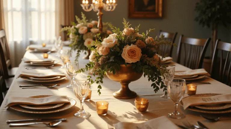 Crafting the Perfect Dinner Party Table Setting: A Comprehensive Guide Elegant dinner party table setting during golden hour featuring a rectangular table with an ivory silk tablecloth, vintage bone china plates, crystal stemware, polished silver cutlery, and a floral centerpiece of garden roses and peonies. Mercury glass votives and a crystal chandelier provide warm lighting, with champagne-colored napkins and modern calligraphy place cards, shot in 8K resolution with a focus on depth of field.