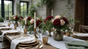 Dinner Party Aesthetic: Crafting Unforgettable Evenings of Style and Connection A luxurious dinner party tablescape featuring a rustic wooden table with a white linen tablecloth, elegant vintage gold-rimmed china, crystal stemware, and antique brass cutlery. The centerpiece showcases seasonal flowers in jewel tones with mercury glass vases, surrounded by scattered brass candleholders with white tapers. The soft natural lighting and blurred conservatory background enhance the intimate and sophisticated atmosphere.