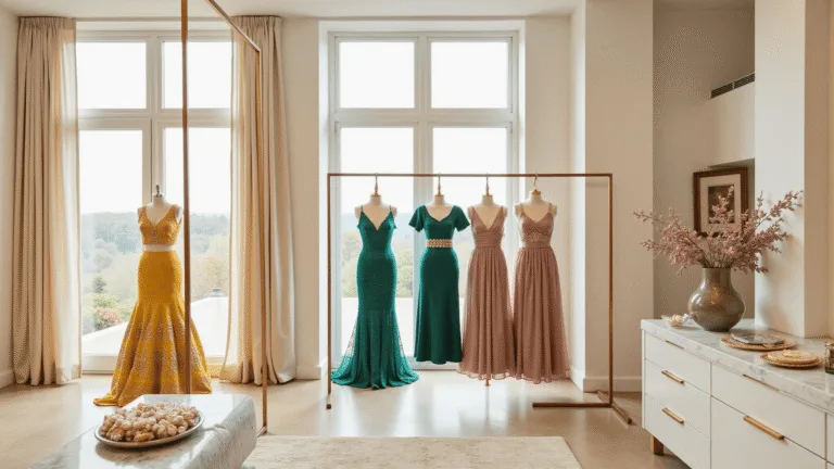Looking Flawless at Your Sister's Engagement: A Style That Won't Steal the Show Brightly lit luxury boutique interior showcasing a curated display of engagement dresses, including a yellow lehenga with gold embroidery, an emerald saree-gown, and a dusty rose mermaid dress, with crystal accessories and pearl details on a marble counter.