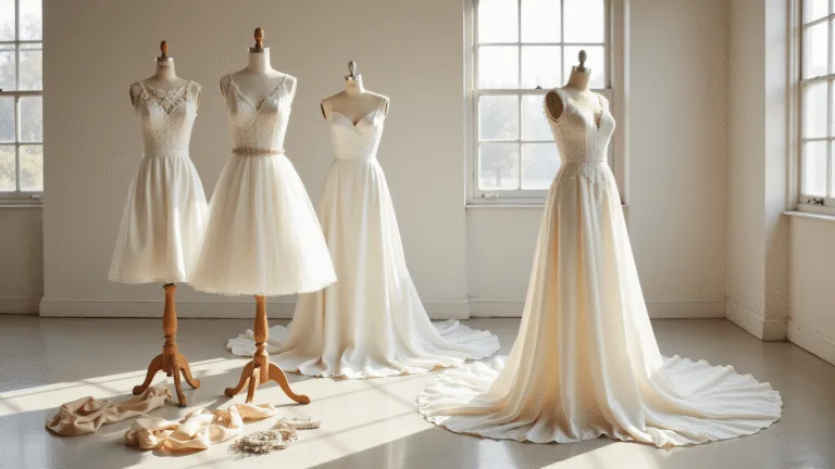 THE ULTIMATE GUIDE TO WHITE ENGAGEMENT DRESSES: FINDING YOUR PERFECT CELEBRATION STYLE Elegant white engagement dresses displayed on mannequins in a sunlit studio, featuring a lace mini dress, satin midi dress, and flowing chiffon maxi dress, with pearl and crystal accessories and champagne-colored silk ribbons.