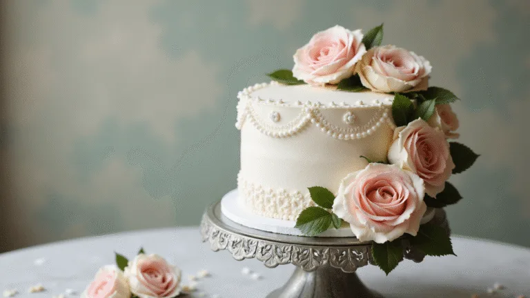 Single Tier Wedding Cake - Elegant, Simple, and Utterly Stunning Photorealistic single-tier wedding cake with white Swiss meringue buttercream, adorned with blush pink and ivory roses, on an ornate silver cake stand.