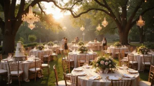 Anniversary Wishes for Parents: Heartfelt Ways to Celebrate Their Love A romantic garden anniversary celebration at sunset, featuring elegant tables with blush silk linens, lush floral centerpieces, vintage-inspired place settings, and a classic three-tiered cake, all under a string light canopy amidst mature oak trees, with well-dressed guests mingling in the background.