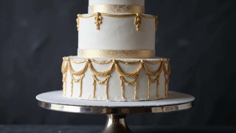 Luxurious White and Gold Wedding Cake: A Masterpiece of Elegance Majestic 4-tier white wedding cake with smooth buttercream finish and gold leaf accents, displayed on a mirrored silver stand against a dark charcoal backdrop, showcasing intricate piping and geometric patterns with dramatic lighting and hyperrealistic detail.