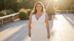 The Perfect Engagement Party Outfits: What to Wear for Every Style and Season Bride-to-be in a white satin midi dress stands on a sunlit terrace, showcasing soft shadows on marble floors and wearing minimal gold jewelry, with loose waves in her hair and natural makeup, captured in warm, romantic lighting.