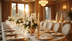 The Ultimate Guide to Hosting a Stunning Dinner Party: From Setup to Social Media Success Elegant dinner party tablescape in a grand ballroom featuring a marble table dressed in ivory silk, gold-rimmed plates, crystal glassware, and floral arrangements, illuminated by golden hour light and chandeliers, with intimate string lights overhead.