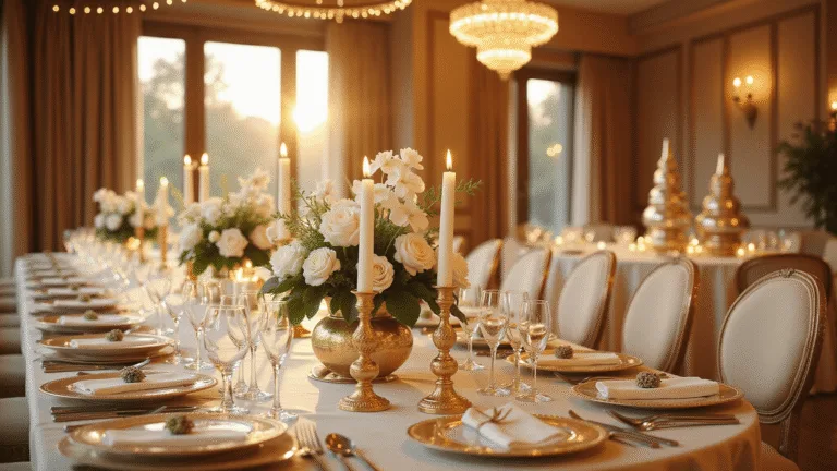 The Ultimate Guide to Hosting a Stunning Dinner Party: From Setup to Social Media Success Elegant dinner party tablescape in a grand ballroom featuring a marble table dressed in ivory silk, gold-rimmed plates, crystal glassware, and floral arrangements, illuminated by golden hour light and chandeliers, with intimate string lights overhead.