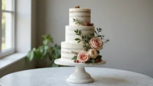 SEMI NAKED WEDDING CAKE: A RUSTIC ELEGANCE FOR YOUR SPECIAL DAY A three-tiered semi-naked wedding cake featuring layers of vanilla cake and smooth white buttercream, decorated with blush and cream garden roses, wild berries, and eucalyptus leaves, displayed on an antique pedestal stand in a professional bakery setting with soft morning light.