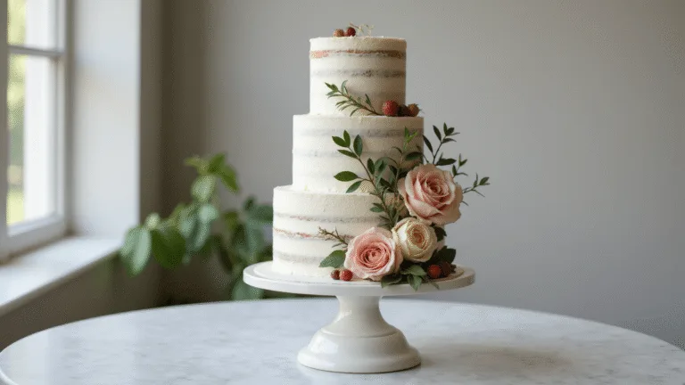 SEMI NAKED WEDDING CAKE: A RUSTIC ELEGANCE FOR YOUR SPECIAL DAY A three-tiered semi-naked wedding cake featuring layers of vanilla cake and smooth white buttercream, decorated with blush and cream garden roses, wild berries, and eucalyptus leaves, displayed on an antique pedestal stand in a professional bakery setting with soft morning light.