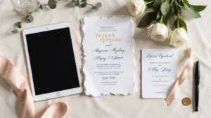 Dinner Party Invitations: Your Ultimate Guide to Crafting the Perfect Invite Elegant dinner party invitation flatlay featuring digital e-vite and luxurious paper invite with gold foil lettering, styled with a vintage fountain pen, white garden roses, gold wax seal, blush pink silk ribbon, eucalyptus leaves, and a crystal champagne coupe, on a textured cream linen background with soft natural lighting.