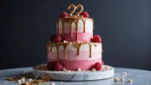 🎂 22nd Birthday Cake: The Ultimate Celebration Centerpiece A photorealistic two-tiered pink ombré birthday cake with gold ganache drip, topped with a rose gold "22" and adorned with raspberries and chocolate pearls, set on a marble pedestal against a dark moody background.