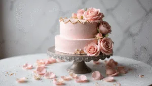 Ultimate Birthday Cake for Women: A Showstopping Celebration Masterpiece A luxurious two-tier pink birthday cake with gold accents and pearl details, adorned with fresh blush roses, displayed on a vintage silver stand against a soft-focus marble backdrop, surrounded by scattered rose petals and gold sprinkles.