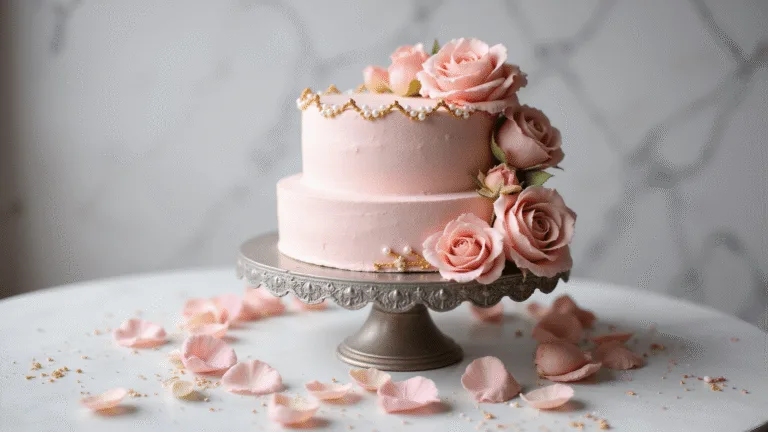 Ultimate Birthday Cake for Women: A Showstopping Celebration Masterpiece A luxurious two-tier pink birthday cake with gold accents and pearl details, adorned with fresh blush roses, displayed on a vintage silver stand against a soft-focus marble backdrop, surrounded by scattered rose petals and gold sprinkles.