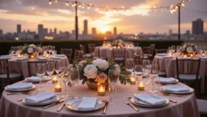 Creating the Perfect Dinner Party Table: A Comprehensive Guide Elegant rooftop dinner party at golden hour, featuring round tables with blush pink silk linens, crystal champagne flutes, rose gold cutlery, and low floral centerpieces. Twinkling fairy lights overhead illuminate the city skyline backdrop, creating a warm, intimate atmosphere.
