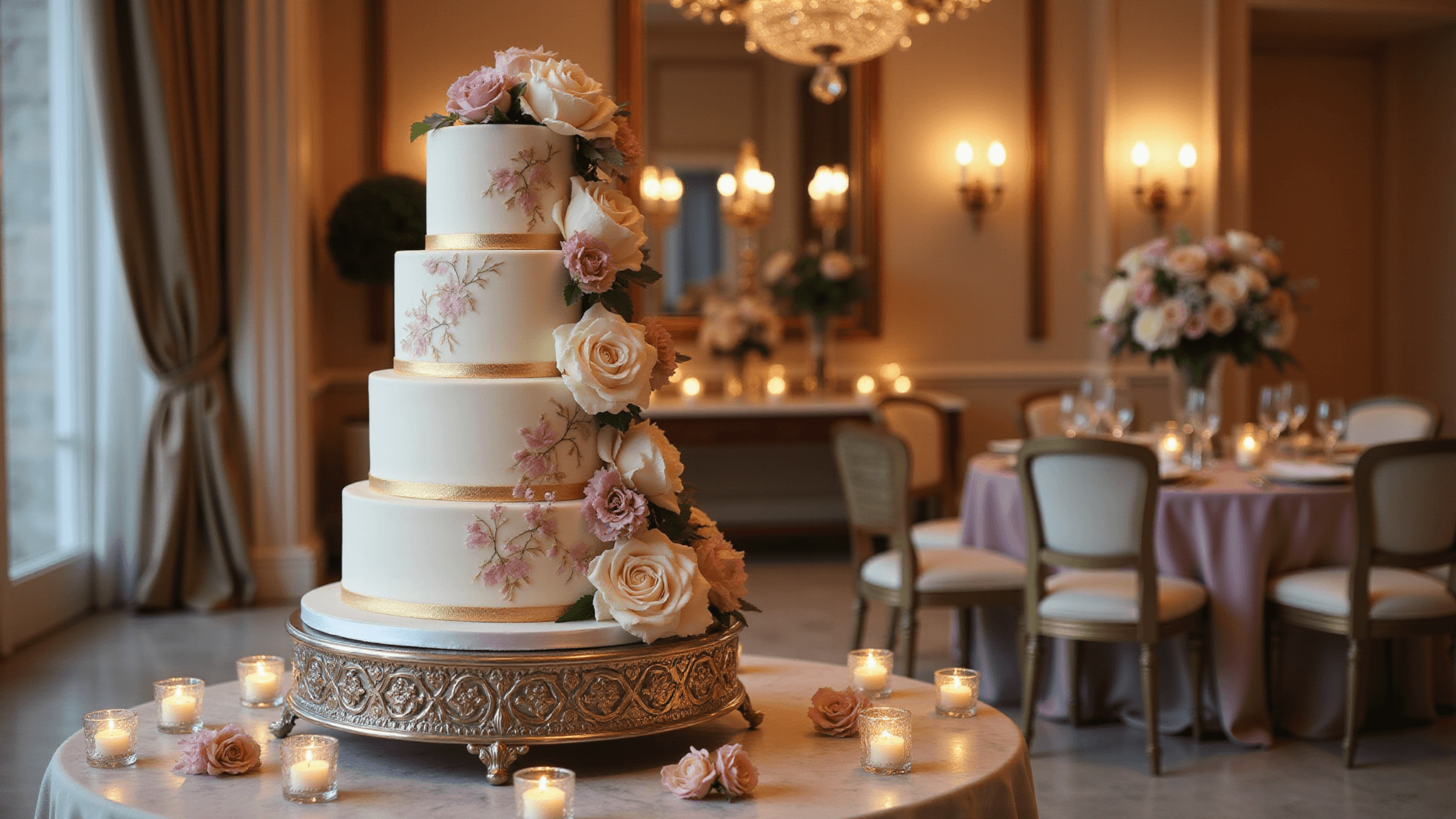 A stunning 5-tier wedding cake with hand-painted botanical details in gold and blush tones, adorned with sugar flowers, set in an elegant ballroom with crystal chandeliers and soft ambient lighting.