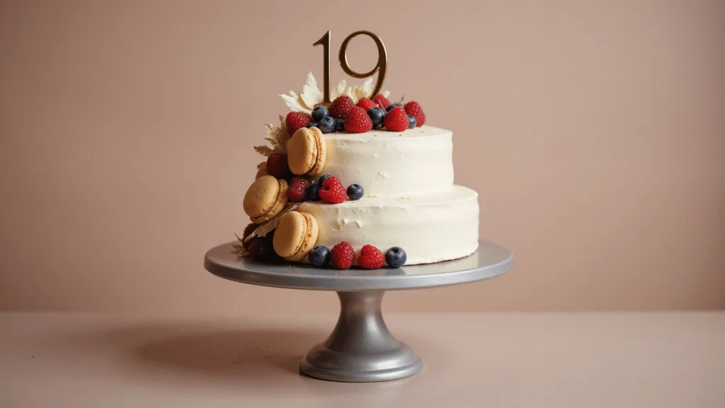 19th Birthday Cake: A Deliciously Custom Celebration Masterpiece A luxurious two-tiered birthday cake with white buttercream frosting, adorned with fresh berries and golden macarons, topped with a gold "19" topper, on a silver stand against a warm bokeh background.