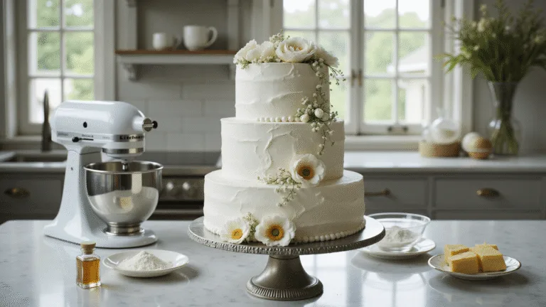 Perfect White Wedding Cake: Your Ultimate Homemade Showstopper Photorealistic kitchen scene featuring a three-tiered white wedding cake adorned with fresh flowers and gold leaf, set on a silver cake stand, with baking ingredients arranged artistically in the background.