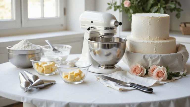 DREAM WEDDING CAKE: THE ULTIMATE CULINARY MASTERPIECE Photorealistic image of a sunlit pastry kitchen with a marble countertop displaying arranged baking ingredients, a pearl white KitchenAid mixer, glass bowls with ingredients, and a partially constructed 4-tier wedding cake adorned with buttercream and gold leaf, accented by blush roses and eucalyptus.