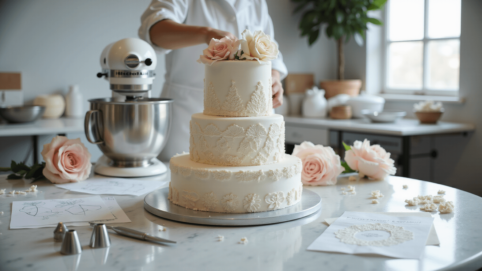 A professional bakery studio showcasing an elegant tiered wedding cake preparation with natural light, marble countertop, and premium decorating tools, featuring a pastry chef's hands working with pearl-white fondant and delicate lace patterns.