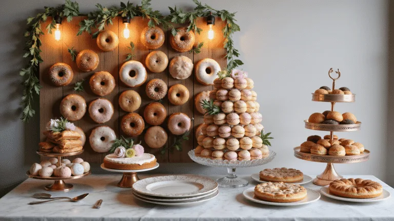 Wedding Cake Alternatives: Delicious Dessert Options Beyond Traditional Cake Photorealistic wedding dessert display featuring a rustic wooden donut wall with artisanal glazed donuts, a crystal-tiered macaron tower with pastel macarons, and a marble-topped bar with handcrafted pies, all illuminated by warm lighting and accented with fresh floral and greenery.