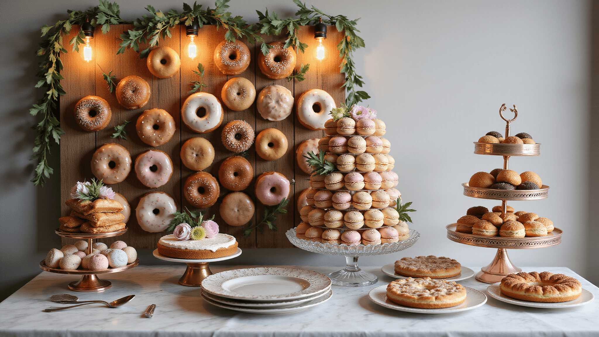 Photorealistic wedding dessert display featuring a rustic wooden donut wall with artisanal glazed donuts, a crystal-tiered macaron tower with pastel macarons, and a marble-topped bar with handcrafted pies, all illuminated by warm lighting and accented with fresh floral and greenery.
