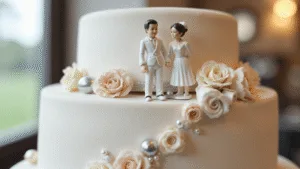 WEDDING CAKE TOPPER: THE ULTIMATE DECORATIVE CENTERPIECE Photorealistic image of an elegant porcelain wedding cake topper featuring a bride and groom on a pristine white 3-tier cake adorned with sugar flowers, set in a softly lit reception venue with a blurred background.