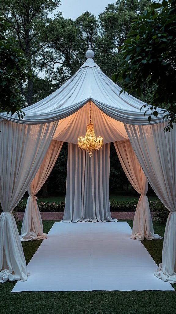 35 Stunning Garden Party Decorations to Inspire Your Celebration A beautifully draped white tent with a chandelier, set in a garden.