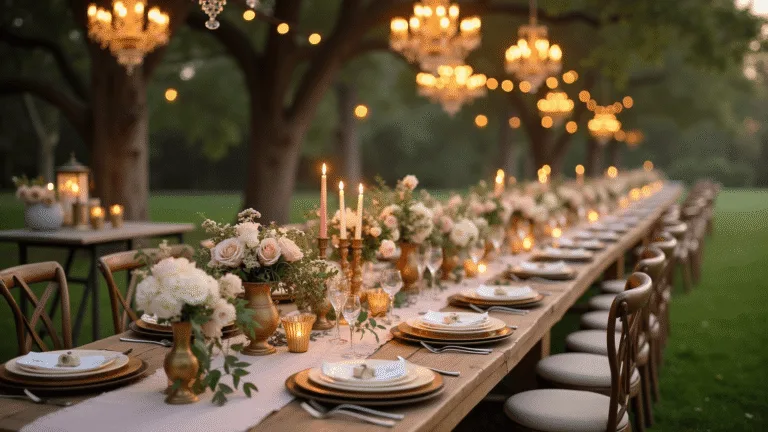 Garden Dinner Party: Your Ultimate Content Creation Guide Photorealistic scene of an elegant garden dinner party at golden hour, featuring a long wooden table set with blush linen, vintage gold-rimmed china, and lush floral arrangements. Crystal chandeliers and Edison bulbs hang overhead, casting warm light on the antique flatware and champagne glasses. Shallow depth of field enhances foreground details while the background remains softly blurred.