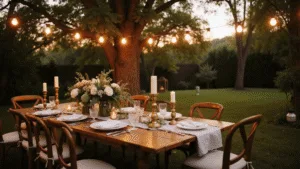 Crafting the Perfect Backyard Dinner Party: A Magical Evening Under the Stars A dreamy backyard dinner party at magic hour, featuring a long farmhouse table adorned with vintage china, crystal glassware, and floral centerpieces, under twinkling Edison lights and surrounded by mature trees.