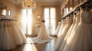 The Perfect Fairytale Wedding Dress: Making Your Princess Dreams Come True A dreamy bridal boutique bathed in golden hour light, showcasing an elegant white ball gown on a mannequin, surrounded by crystal chandeliers, gold-framed mirrors, and rows of pristine wedding dresses, with soft tulle and lace textures reflecting prismatic light.