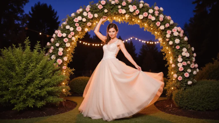 How to Rock a Fairytale Wedding Dress (Without Looking Like You Raided Cinderella's Closet) A bride in a champagne-colored ballgown twirls under a vintage rose arch at twilight, illuminated by soft string lights in a purple-blue garden, capturing movement with motion blur.